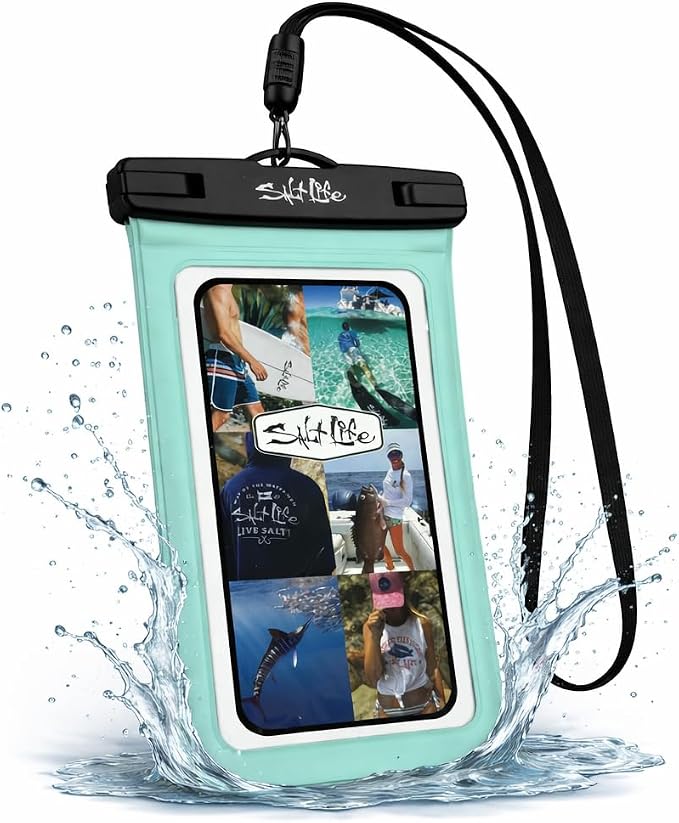 Salt Life Waterproof Phone Bag Sleeve – IPX8 100% Waterproof Protection, Universal Phone Pouch with Touchscreen Clear Window, Secure Seal Closure & Lanyard for Beach, Pool, Kayak & Travel (Aqua)