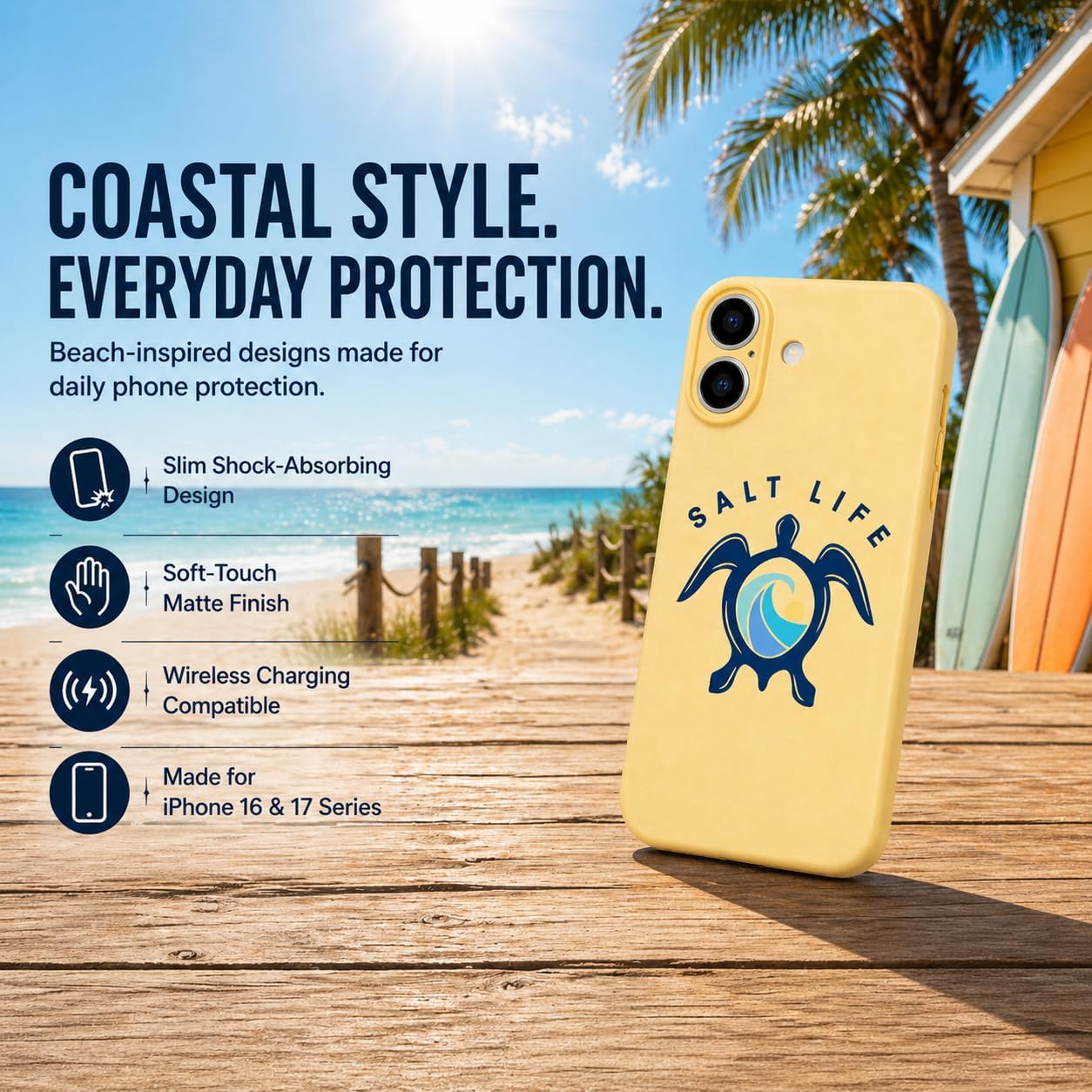 Salt Life Case for iPhone 16 & iPhone 17, Slim Shock-Absorbing Protective Phone Cover, Soft-Touch Grip, Wireless Charging Compatible with Raised Camera Protection
