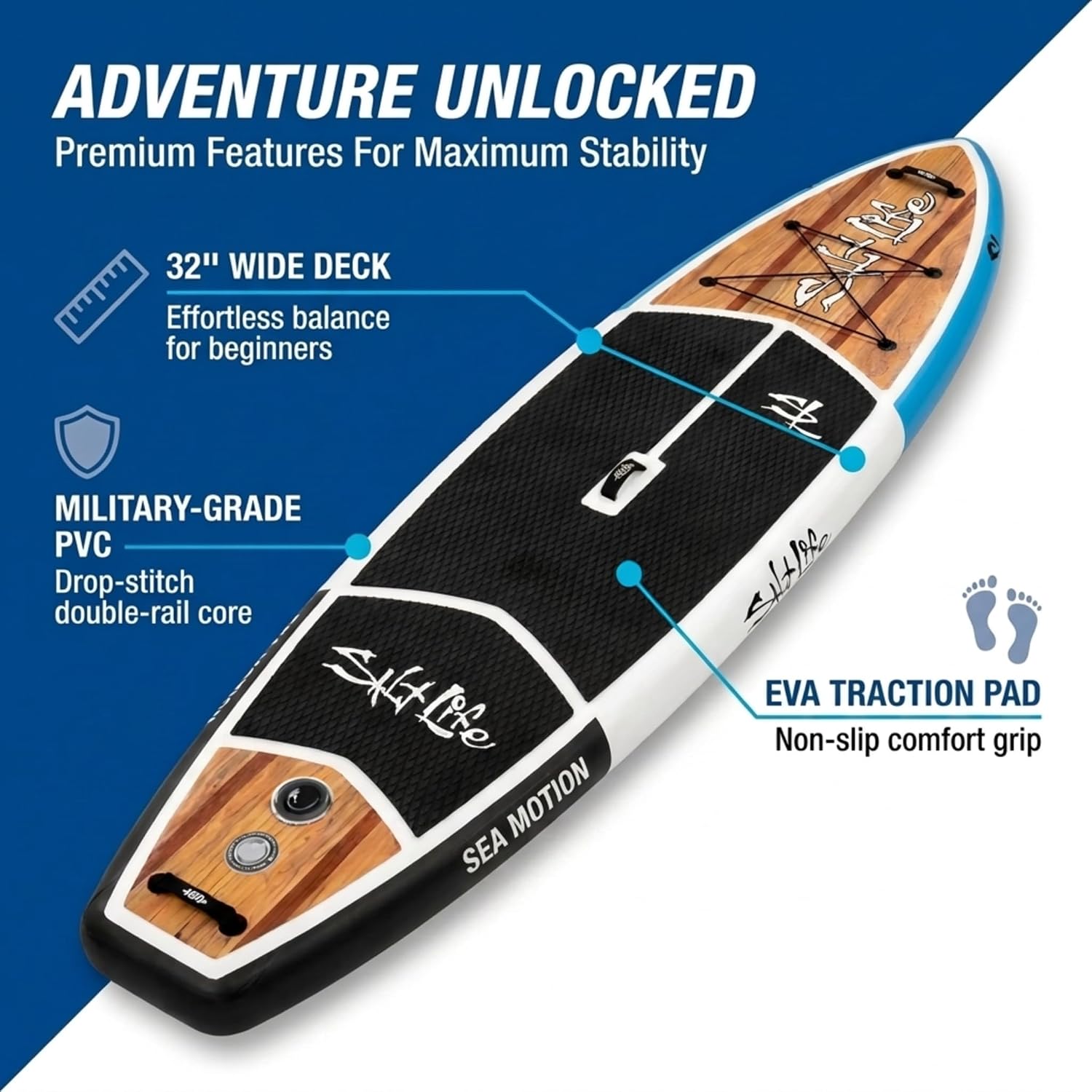 SALT LIFE Inflatable Paddle Board Wide Stable iSUP with Non-Slip EVA Deck, Drop-Stitch Double-Rail Construction, Paddle Board Kit with Paddle, Pump, Leash & Fins
