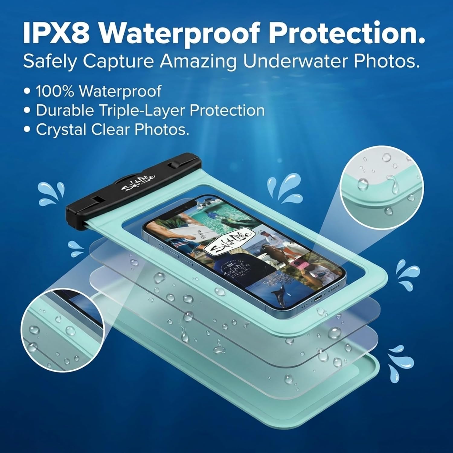 Salt Life Waterproof Phone Bag Sleeve – IPX8 100% Waterproof Protection, Universal Phone Pouch with Touchscreen Clear Window, Secure Seal Closure & Lanyard for Beach, Pool, Kayak & Travel (Aqua)