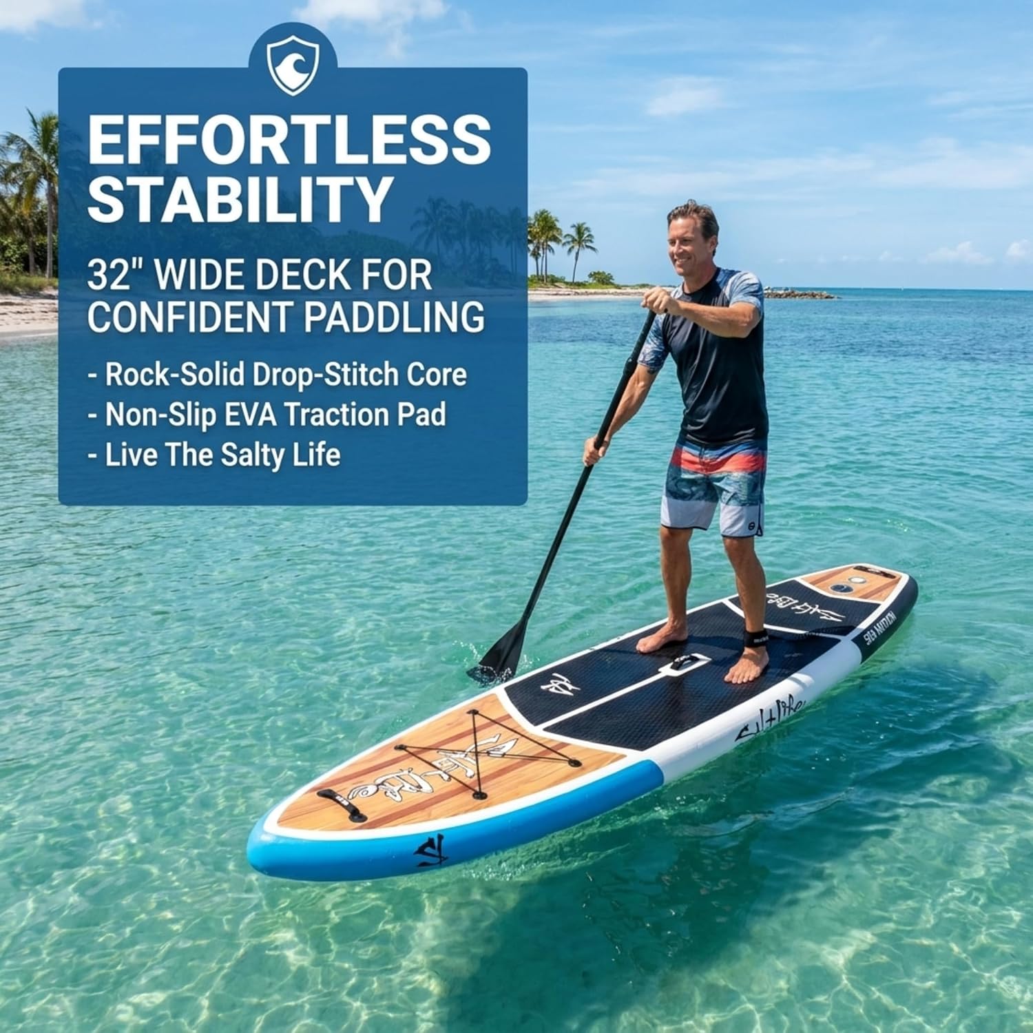SALT LIFE Inflatable Paddle Board Wide Stable iSUP with Non-Slip EVA Deck, Drop-Stitch Double-Rail Construction, Paddle Board Kit with Paddle, Pump, Leash & Fins