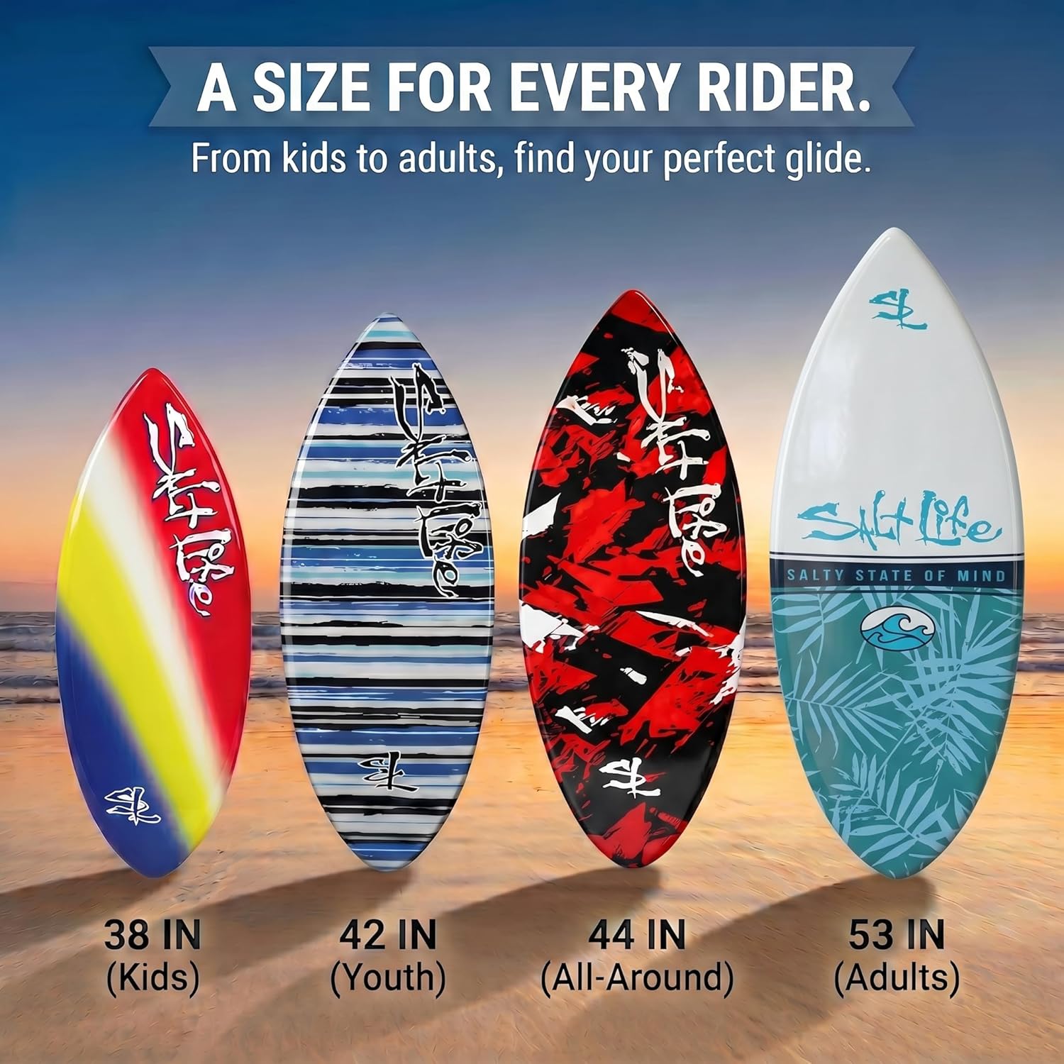 SALT LIFE Fiberglass Compression Skimboard – High-Performance Beach Skim Board for Kids, Teens & Adults – Lightweight Durable Design for Flatland & Shorebreak – 38, 42, 44, 53 in