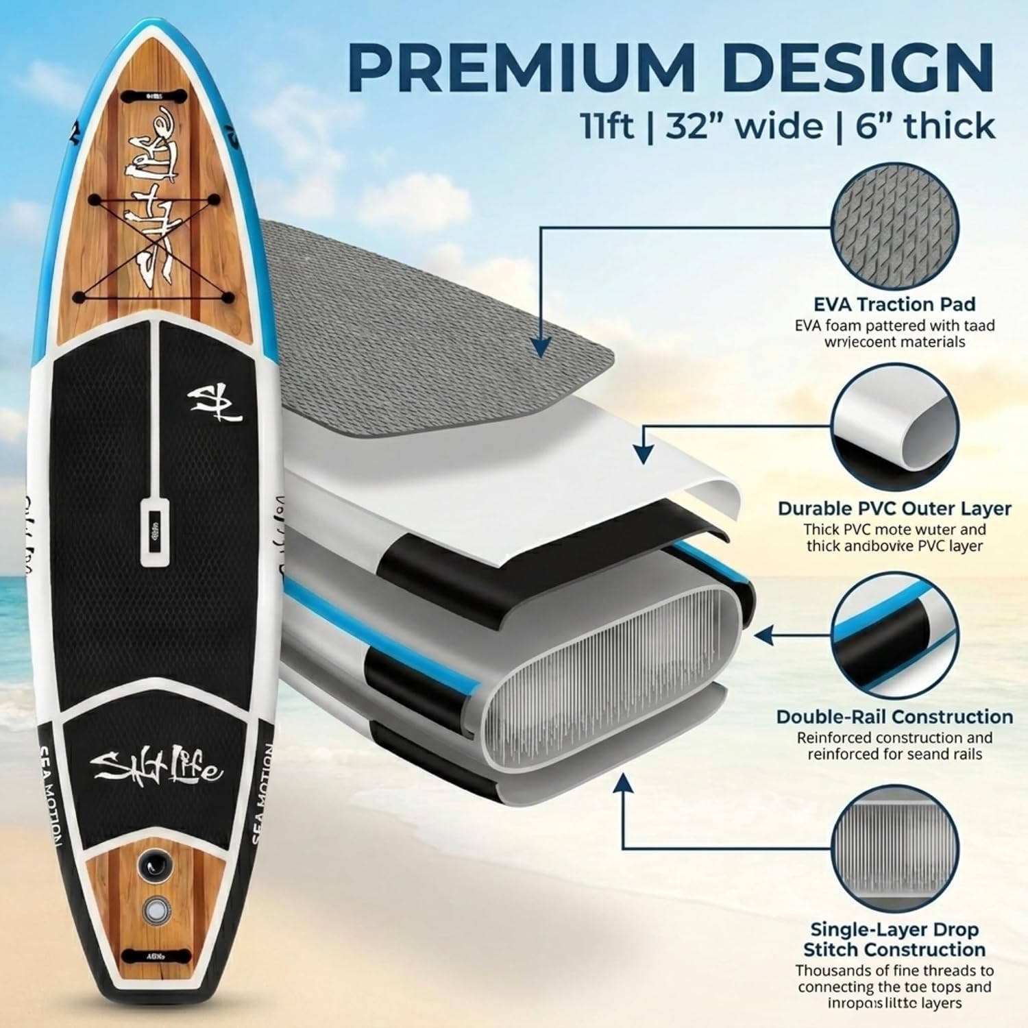 SALT LIFE Inflatable Paddle Board Wide Stable iSUP with Non-Slip EVA Deck, Drop-Stitch Double-Rail Construction, Paddle Board Kit with Paddle, Pump, Leash & Fins