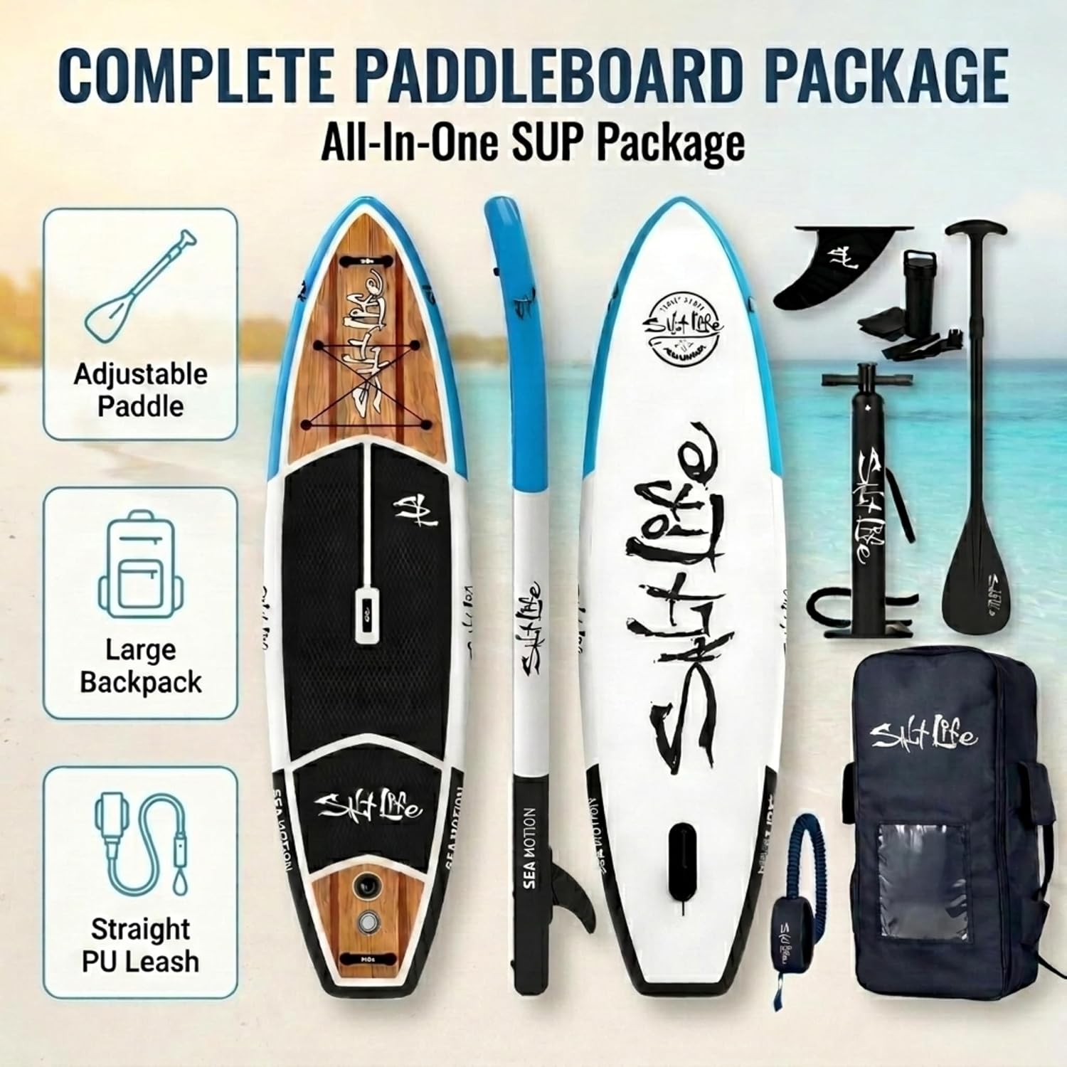 SALT LIFE Inflatable Paddle Board Wide Stable iSUP with Non-Slip EVA Deck, Drop-Stitch Double-Rail Construction, Paddle Board Kit with Paddle, Pump, Leash & Fins