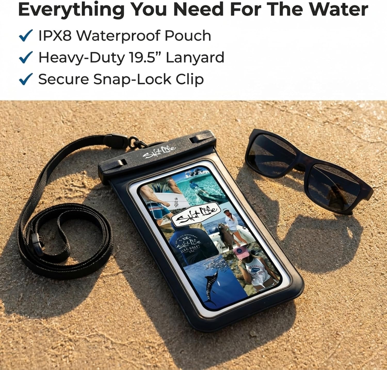Salt Life Waterproof Phone Bag Sleeve – IPX8 100% Waterproof Protection, Universal Phone Pouch with Touchscreen Clear Window, Secure Seal Closure & Lanyard for Beach, Pool, Kayak & Travel (Aqua)