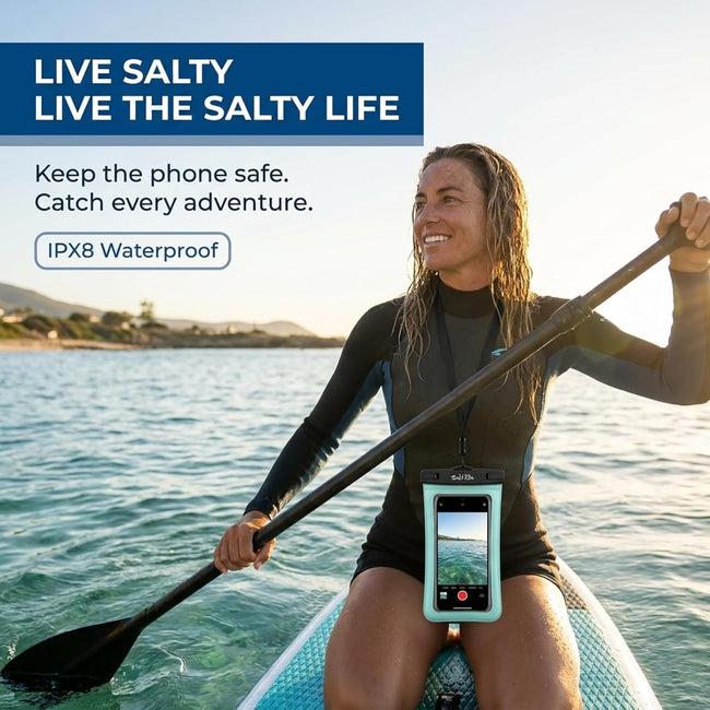 Salt Life Waterproof Phone Bag Sleeve – IPX8 100% Waterproof Protection, Universal Phone Pouch with Touchscreen Clear Window, Secure Seal Closure & Lanyard for Beach, Pool, Kayak & Travel (Aqua) Main Image