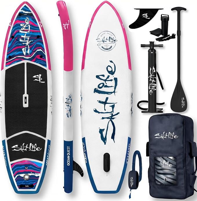 SALT LIFE Inflatable Paddle Board Wide Stable iSUP with Non-Slip EVA Deck, Drop-Stitch Double-Rail Construction, Paddle Board Kit with Paddle, Pump, Leash & Fins