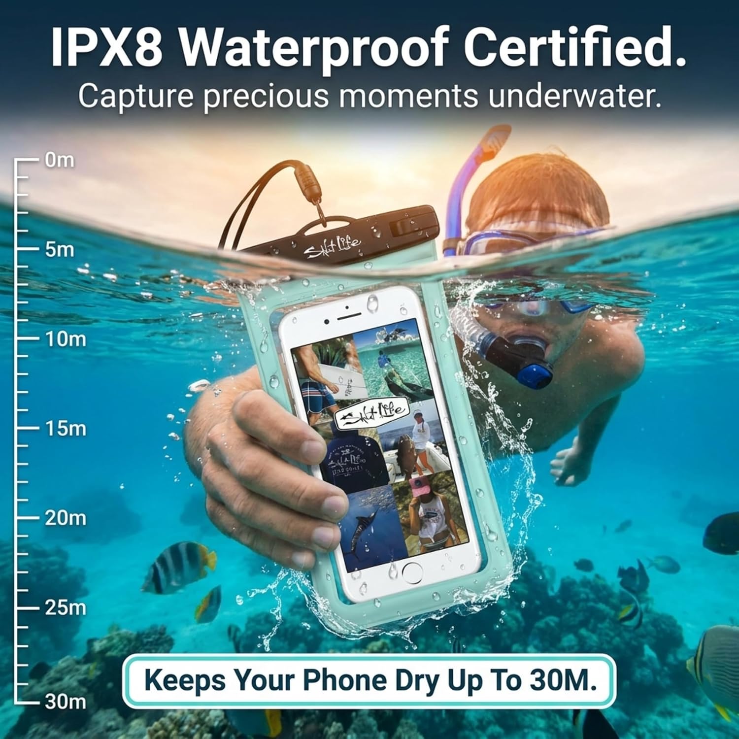 Salt Life Waterproof Phone Bag Sleeve – IPX8 100% Waterproof Protection, Universal Phone Pouch with Touchscreen Clear Window, Secure Seal Closure & Lanyard for Beach, Pool, Kayak & Travel (Aqua)