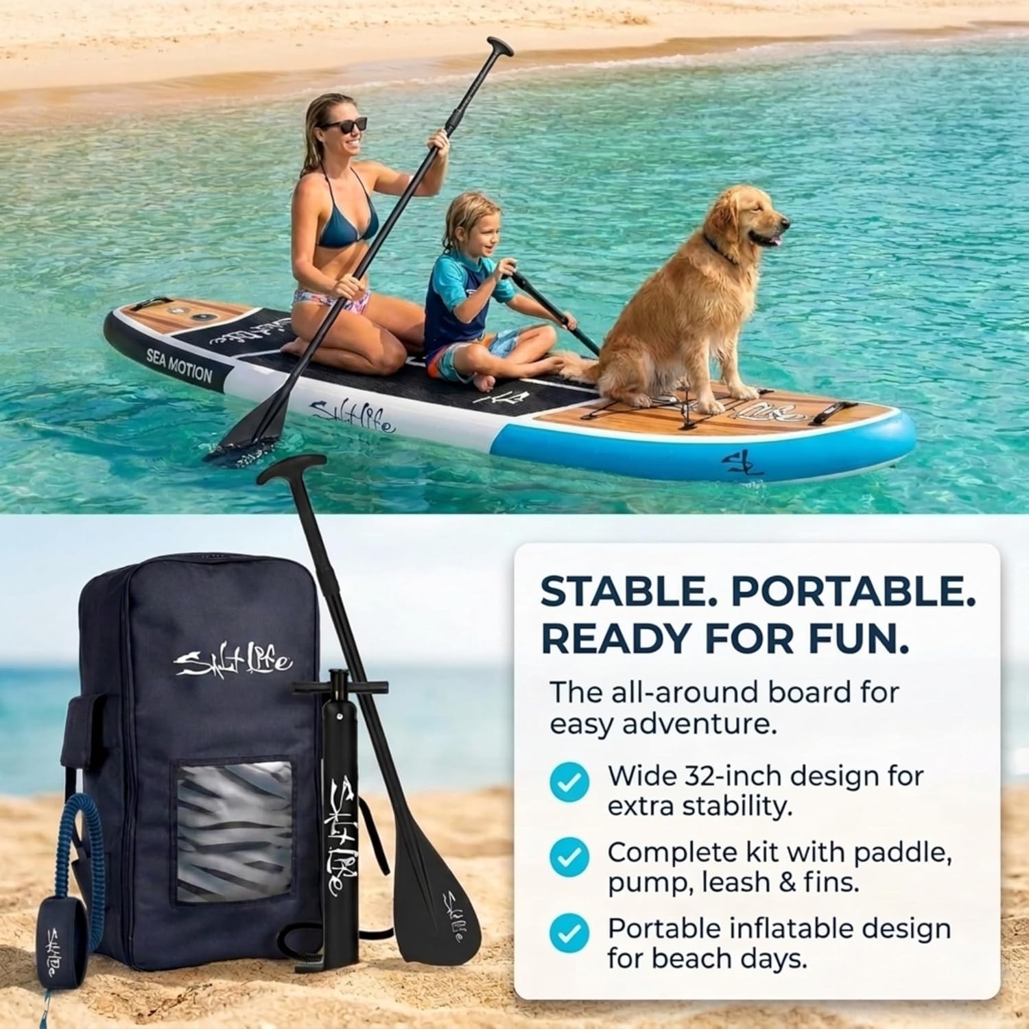 SALT LIFE Inflatable Paddle Board Wide Stable iSUP with Non-Slip EVA Deck, Drop-Stitch Double-Rail Construction, Paddle Board Kit with Paddle, Pump, Leash & Fins