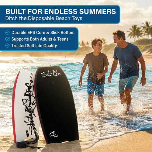 SALT LIFE Boogie Board Bodyboard – Lightweight EPS Core Body Board with HDPE Slick Bottom, Crescent Tail & Coiled Wrist Leash for Beach & Ocean Waves