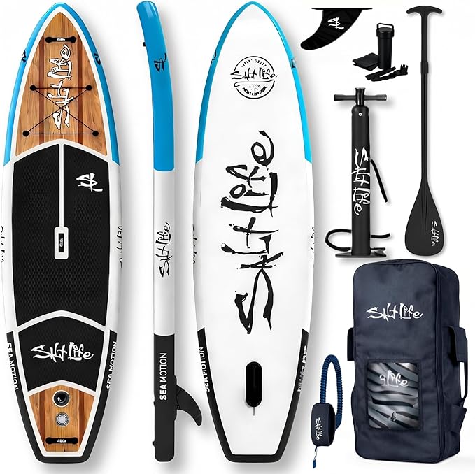 SALT LIFE Inflatable Paddle Board Wide Stable iSUP with Non-Slip EVA Deck, Drop-Stitch Double-Rail Construction, Paddle Board Kit with Paddle, Pump, Leash & Fins
